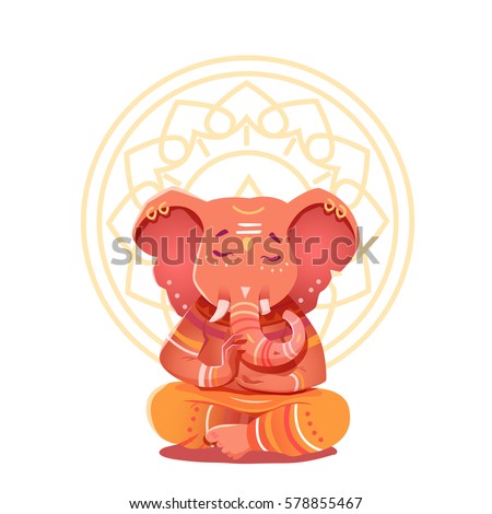 Ganesha Illustration in the lotus position. Mythological deities of India. Vector illustration of a deity with elephant head character on the background of the mandala. Ganesha Illustration in the lotus position. Mythological deities of India. Vector illustration of a deity with elephant head character on the background of the mandala.