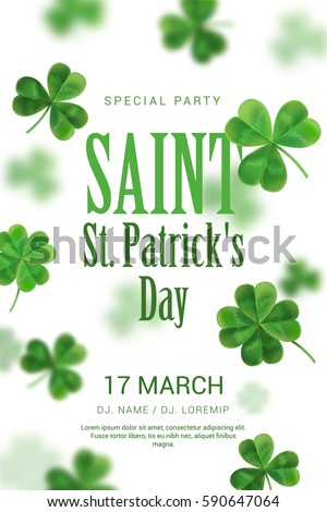 Poster in the pub on St Patrick's Day. The poster can be used for a party or a concert. White background with clover in 3D effect. Poster in the pub on St Patrick's Day. The poster can be used for a party or a concert. White background with clover in 3D effect.