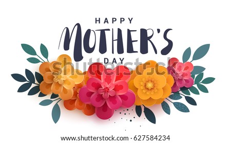 Happy Mother's Day lettering on a white. Bright illustration with red flowers and shadow. Paper flowers for the holiday. Happy Mother's Day lettering on a white. Bright illustration with red flowers and shadow. Paper flowers for the holiday.
