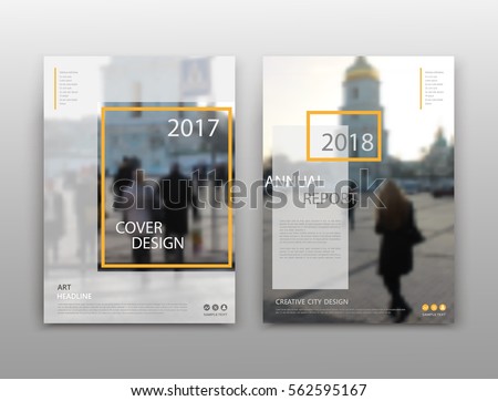 Abstract white brochure cover design. Yellow square info banner frame. Fancy ad flyer font. Title sheet model set. Modern vector front page. Creative urban city texture. Pedastrian people figure icon Abstract white brochure cover design. Yellow square info banner frame. Fancy ad flyer font. Title sheet model set. Modern vector front page. Creative urban city texture. Pedastrian people figure icon