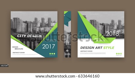 A4 brochure cover design. Template for info banner, business card, title sheet model set, flyer, ad text font. Modern vector front page art with urban city river bridge. Green, turquoise triangle icon A4 brochure cover design. Template for info banner, business card, title sheet model set, flyer, ad text font. Modern vector front page art with urban city river bridge. Green, turquoise triangle icon