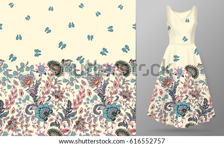 Vector seamless pattern with pastel blue pink beige flowers and butterfly ornament on white background, hand drawn texture for clothes, bedclothes, invitation, card design etc. Women's dress mock up Vector seamless pattern with pastel blue pink beige flowers and butterfly ornament on white background, hand drawn texture for clothes, bedclothes, invitation, card design etc. Women's dress mock up