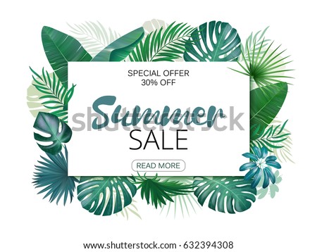 Illustration of various exotic leaves with horizontal banner on white background Illustration of various exotic leaves with horizontal banner on white background