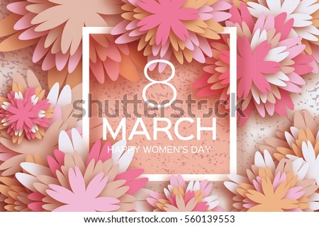 Pastel 8 March. Floral Greeting card. Happy Women's Day. Paper cut flower holiday background with square Frame, space for text. Origami Trendy Design Template. Happy Mother's Day. Vector illustration Pastel 8 March. Floral Greeting card. Happy Women's Day. Paper cut flower holiday background with square Frame, space for text. Origami Trendy Design Template. Happy Mother's Day. Vector illustration