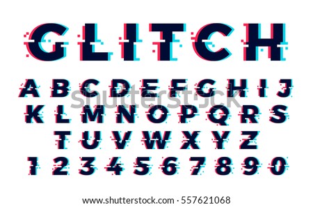 Vector distorted glitch font. Trendy style lettering typeface. Latin letters from A to Z and numbers from 0 to 9. Green and red channels. Vector distorted glitch font. Trendy style lettering typeface. Latin letters from A to Z and numbers from 0 to 9. Green and red channels.