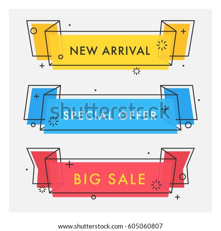 Set of trendy flat geometric vector ribbons. Vivid transparent banners in retro poster design style. Vintage colors and shapes. Red, yellow and blue banner design. Set of trendy flat geometric vector ribbons. Vivid transparent banners in retro poster design style. Vintage colors and shapes. Red, yellow and blue banner design.