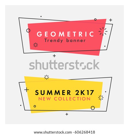 Set of trendy flat geometric vector banners. Vivid transparent banners in retro poster design style. Vintage colors and shapes. Red and yellow colors. Set of trendy flat geometric vector banners. Vivid transparent banners in retro poster design style. Vintage colors and shapes. Red and yellow colors.