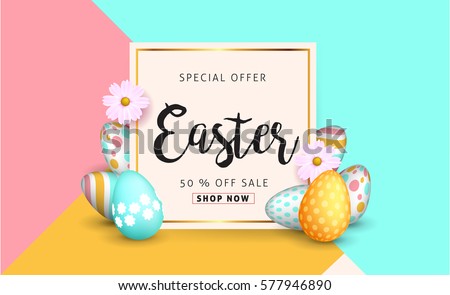 Easter sale banner background template with beautiful colorful spring flowers and eggs. Vector illustration. Easter sale banner background template with beautiful colorful spring flowers and eggs. Vector illustration.