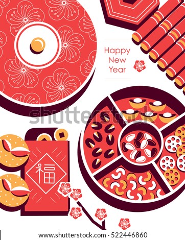 Chinese New Year snack plate include nuts, candies and cookies. Chinese envelope with Chinese character - "FU" it means blessing and happiness in Chinese. Chinese New Year snack plate include nuts, candies and cookies. Chinese envelope with Chinese character - "FU" it means blessing and happiness in Chinese.