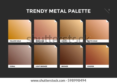 Gold, copper and bronze gradient template. Collection palette of colorful metallic gradient illustrations for backgrounds and textures. Realistic metallic squares palettes. Vector Illustration Gold, copper and bronze gradient template. Collection palette of colorful metallic gradient illustrations for backgrounds and textures. Realistic metallic squares palettes. Vector Illustration