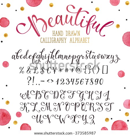 Elegant calligraphy letters with florishes. Handwritten alphabet with watercolor spots on background. Uppercase, lowercase letters, numbers and symbols. Hand drawn modern script. - stock vector Elegant calligraphy letters with florishes. Handwritten alphabet with watercolor spots on background. Uppercase, lowercase letters, numbers and symbols. Hand drawn modern script. - stock vector