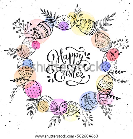 Easter wreath with easter eggs hand drawn black on white background. Decorative doodle frame from Easter eggs and floral elements. Easter eggs with ornaments in circle shape with watercolor dots. Easter wreath with easter eggs hand drawn black on white background. Decorative doodle frame from Easter eggs and floral elements. Easter eggs with ornaments in circle shape with watercolor dots.