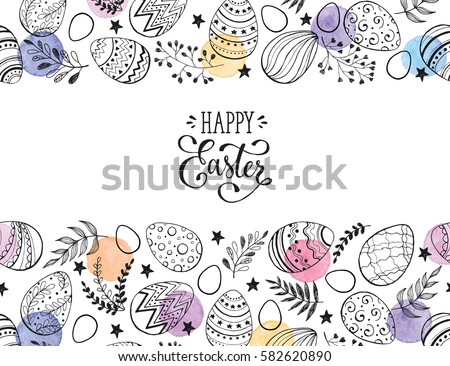 Easter eggs composition hand drawn black on white background. Decorative horizontal stripe from eggs with leaves and watercolor dots. Easter eggs composition hand drawn black on white background. Decorative horizontal stripe from eggs with leaves and watercolor dots.