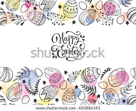 Easter eggs composition hand drawn black on white background. Decorative horizontal stripe from eggs with leaves and watercolor dots. Easter eggs composition hand drawn black on white background. Decorative horizontal stripe from eggs with leaves and watercolor dots.