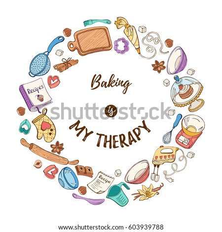 It's cooking time. Baking tools in circle shape isolated on white. Recipe book background concept. Poster with hand drawn kitchen utensils. It's cooking time. Baking tools in circle shape isolated on white. Recipe book background concept. Poster with hand drawn kitchen utensils.
