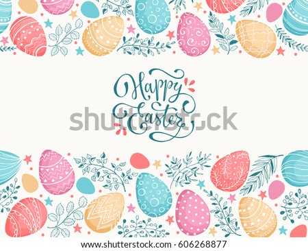 Happy Easter greeting card. Eggs composition hand drawn black on white background. Decorative frame from Easter eggs and florals. Happy Easter greeting card. Eggs composition hand drawn black on white background. Decorative frame from Easter eggs and florals.