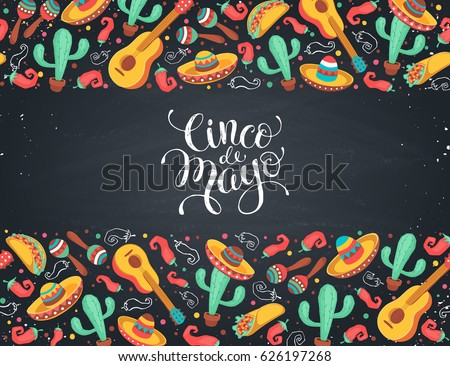 Cinco de Mayo poster in horizontal stripe composition. Mexican culture symbols collection. Guitar, sombrero, maracas, cactus and jalapeno isolated on white background. Cinco de Mayo greeting card. Cinco de Mayo poster in horizontal stripe composition. Mexican culture symbols collection. Guitar, sombrero, maracas, cactus and jalapeno isolated on white background. Cinco de Mayo greeting card.