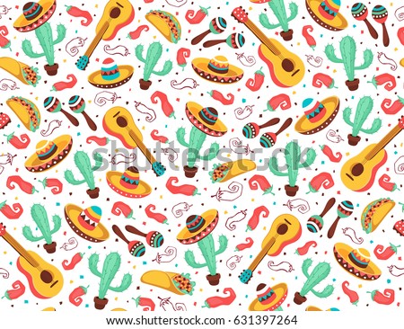 Viva Mexico seamless pattern. Mexican culture symbols on black background. Guitar, sombrero, maracas, cactus and jalapeno in tiled backdrop design. Viva Mexico seamless pattern. Mexican culture symbols on black background. Guitar, sombrero, maracas, cactus and jalapeno in tiled backdrop design.