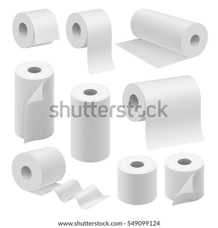 Realistic paper roll mock up set isolated on white background vector illustration. Blank white 3d packaging kitchen towel, toilet paper roll, cash register tape, thermal fax roll. Paper roll template Realistic paper roll mock up set isolated on white background vector illustration. Blank white 3d packaging kitchen towel, toilet paper roll, cash register tape, thermal fax roll. Paper roll template