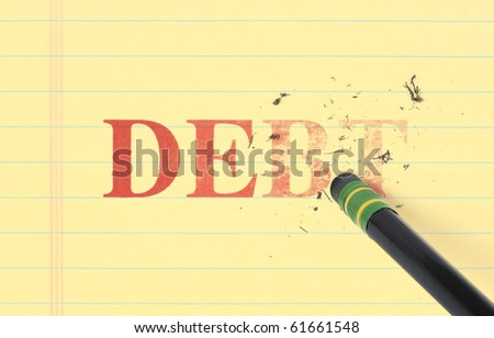 Up Of A Black Pencil Erasing The Word Black Pencil Erasing Word Debt Stock Photo 61661548