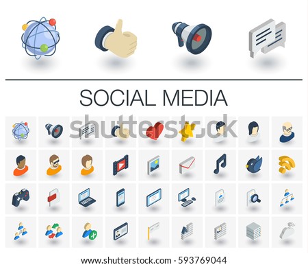 Isometric flat icon set. 3d vector colorful illustration with social media and digital technology symbols. Like, speech bubble, avatar, computer, web, mobile colorful pictogram Isolated on white Isometric flat icon set. 3d vector colorful illustration with social media and digital technology symbols. Like, speech bubble, avatar, computer, web, mobile colorful pictogram Isolated on white