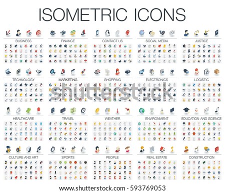 Vector illustration of isometric flat icons for business, bank, social media market, justice, internet technology, shop, education, sport, healthcare, art and construction. Color 3d web symbols set. Vector illustration of isometric flat icons for business, bank, social media market, justice, internet technology, shop, education, sport, healthcare, art and construction. Color 3d web symbols set.