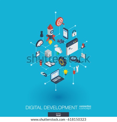 Development integrated 3d web icons. Digital network isometric interact concept. Connected graphic design dot and line system. Abstract background for programming, coding, app design. Vector Infograph Development integrated 3d web icons. Digital network isometric interact concept. Connected graphic design dot and line system. Abstract background for programming, coding, app design. Vector Infograph