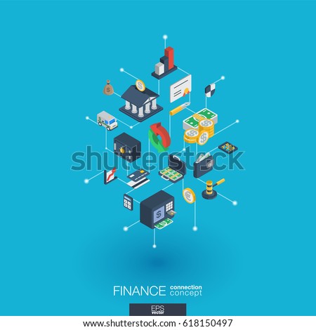 Finance integrated 3d web icons. Digital network isometric interact concept. Connected graphic design dot and line system. Abstract background for money bank, market transaction. Vector Infograph Finance integrated 3d web icons. Digital network isometric interact concept. Connected graphic design dot and line system. Abstract background for money bank, market transaction. Vector Infograph