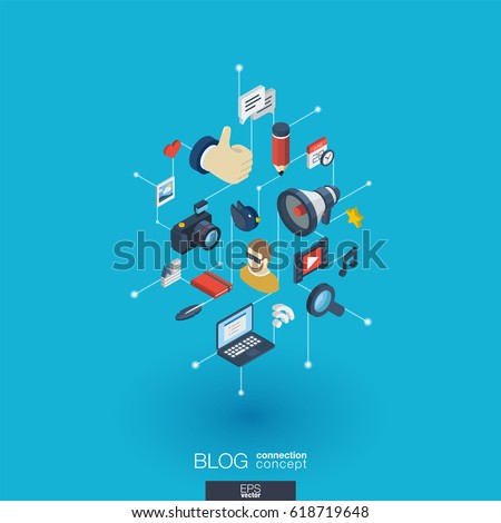 Blog integrated 3d web icons. Digital network isometric interact concept. Connected graphic design dot and line system. Background whith video content publish, post writing, follower. Vector Infograph Blog integrated 3d web icons. Digital network isometric interact concept. Connected graphic design dot and line system. Background whith video content publish, post writing, follower. Vector Infograph