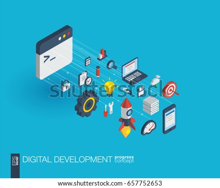 Development integrated 3d web icons. Digital network isometric progress concept. Connected graphic design line growth system. Abstract background for programming, coding, app design. Vector Infograph Development integrated 3d web icons. Digital network isometric progress concept. Connected graphic design line growth system. Abstract background for programming, coding, app design. Vector Infograph