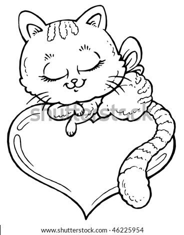 Cat and Heart - Coloring - stock vector