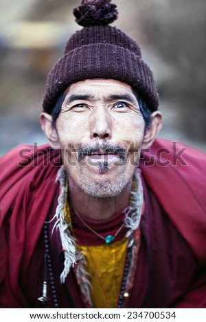 Lho Village, Gorkha, Nepal - November 28: Lively Buddhists monk poses for a - stock-photo-lho-village-gorkha-nepal-november-lively-buddhists-monk-poses-for-a-photo-on-november-234700534