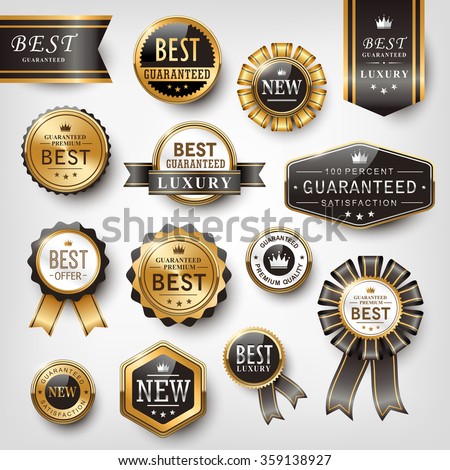 collection of shiny golden prize emblem design set - stock vector collection of shiny golden prize emblem design set - stock vector