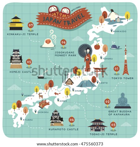 Japan travel map, historical sites on lovely map Japan travel map, historical sites on lovely map