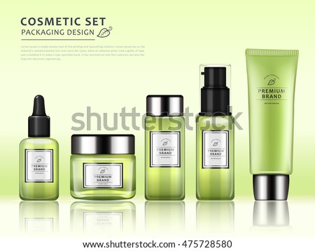 Chic cosmetic package template, mockup template design with green container. 3D illustration Chic cosmetic package template, mockup template design with green container. 3D illustration