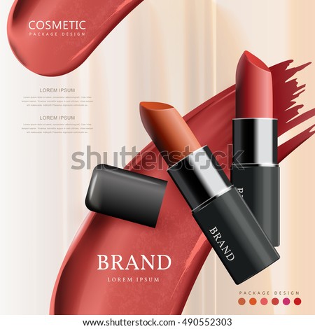 Attractive lipstick package design, 3D illustration advertising poster with smear background Attractive lipstick package design, 3D illustration advertising poster with smear background
