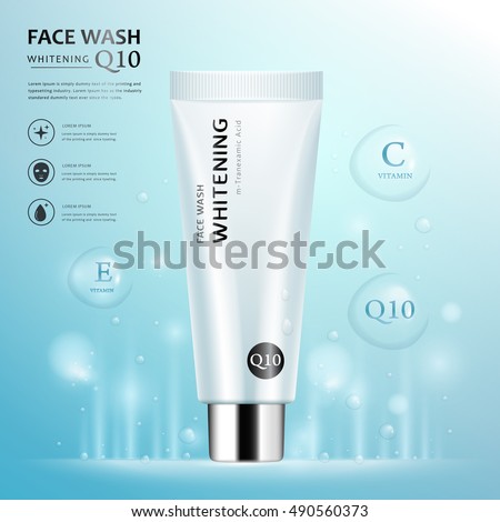 Face wash ad template, blank cosmetic tube package design isolated on light blue background, transparent water drop elements, 3D illustration Face wash ad template, blank cosmetic tube package design isolated on light blue background, transparent water drop elements, 3D illustration