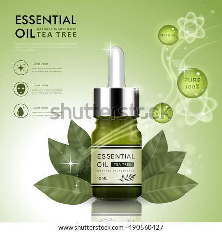 Essential oil ad template, tea tree oil dropper bottle design with leaves elements, 3D illustration Essential oil ad template, tea tree oil dropper bottle design with leaves elements, 3D illustration