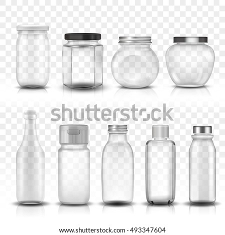 Nine glass jars collection set, transparent background 3D illustration Nine glass jars collection set, transparent background 3D illustration