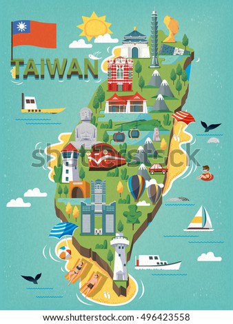 Taiwan travel map, with chinese characters writing sun moon lake on the stele and the red house on the red building Taiwan travel map, with chinese characters writing sun moon lake on the stele and the red house on the red building
