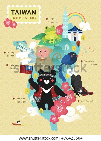 Taiwan endemic species with Taiwanese maps and some famous buildings Taiwan endemic species with Taiwanese maps and some famous buildings