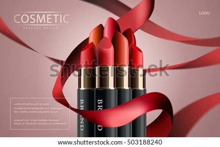 Makeup ads template, Charming red lipstick mockup with sparkling background. 3D illustration. Ribbon elements. Makeup ads template, Charming red lipstick mockup with sparkling background. 3D illustration. Ribbon elements.