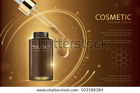 Cosmetic ads template, glass droplet bottle with essence oil drop isolated on brown background. 3D illustration. Abstract hexagon and clock elements. Cosmetic ads template, glass droplet bottle with essence oil drop isolated on brown background. 3D illustration. Abstract hexagon and clock elements.