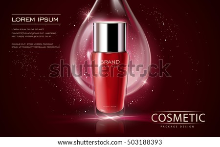 Cosmetic ads template, glass bottle mockup isolated on scarlet background. 3D illustration. essence drop elements on the background. Cosmetic ads template, glass bottle mockup isolated on scarlet background. 3D illustration. essence drop elements on the background.