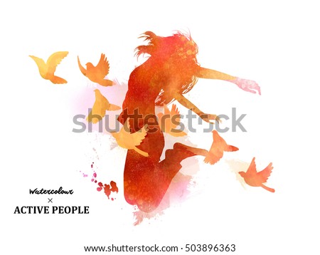 Watercolor jumping silhouette, young girl jumping with pigeons around her in watercolor style. Watercolor jumping silhouette, young girl jumping with pigeons around her in watercolor style.
