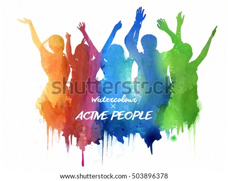 Watercolor jumping silhouette, people in the concert or carnival in watercolor style. Watercolor jumping silhouette, people in the concert or carnival in watercolor style.