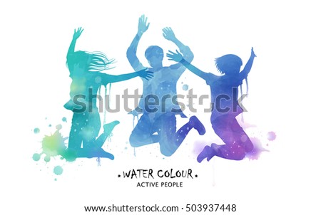 Watercolor jumping silhouette, young people jumping high in watercolor style. Blue and purple tone. Watercolor jumping silhouette, young people jumping high in watercolor style. Blue and purple tone.