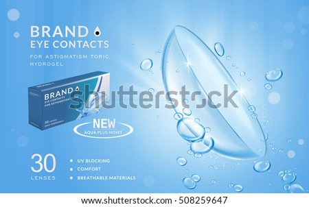 Eye contacts ads template, aqua plus contact lenses with water and air bubbles. Product ads and package design in 3d illustration. Eye contacts ads template, aqua plus contact lenses with water and air bubbles. Product ads and package design in 3d illustration.