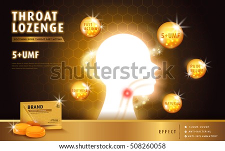 Honey throat lozenge, ads template and package design for sore throat. Affected area and effect notes on the ad. 3D illustration. Honey throat lozenge, ads template and package design for sore throat. Affected area and effect notes on the ad. 3D illustration.