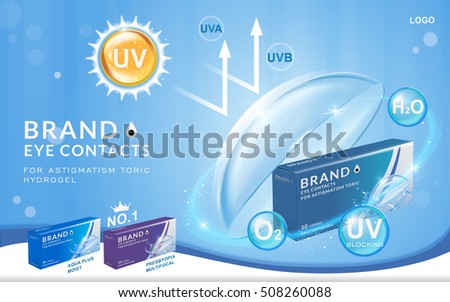 Eye contacts ads template, UV blocking contact lenses. Product ads and package design in 3d illustration. Eye contacts ads template, UV blocking contact lenses. Product ads and package design in 3d illustration.